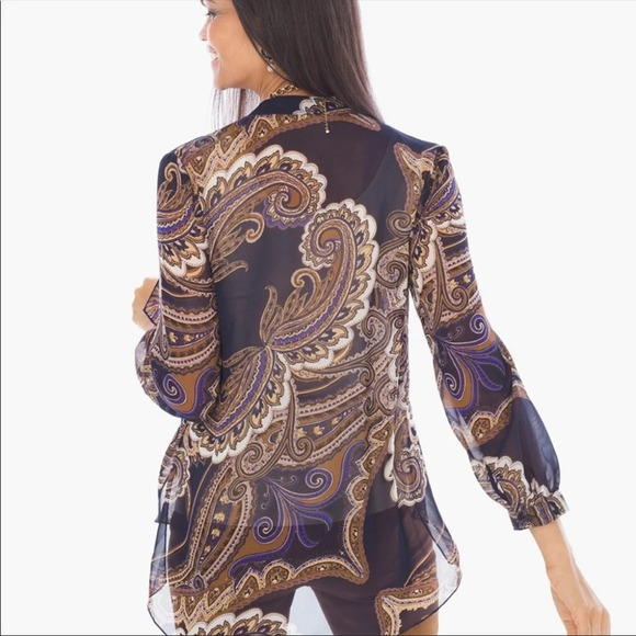 Chico's Blue Brown Paisley Expressions Drama Top Blouse Size Small - Picture 9 of 14